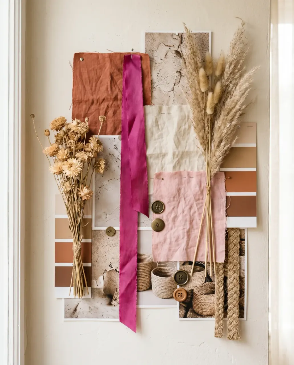 Moodboard de moda gerado pela Donna com amostras de linho, cartelas de cor e referências de textura