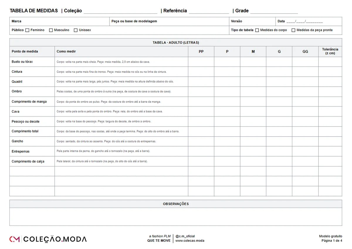 Primeira página do modelo de tabela de medidas: pontos de medida, como medir, tamanhos de PP a GG e tolerância, em branco para preencher